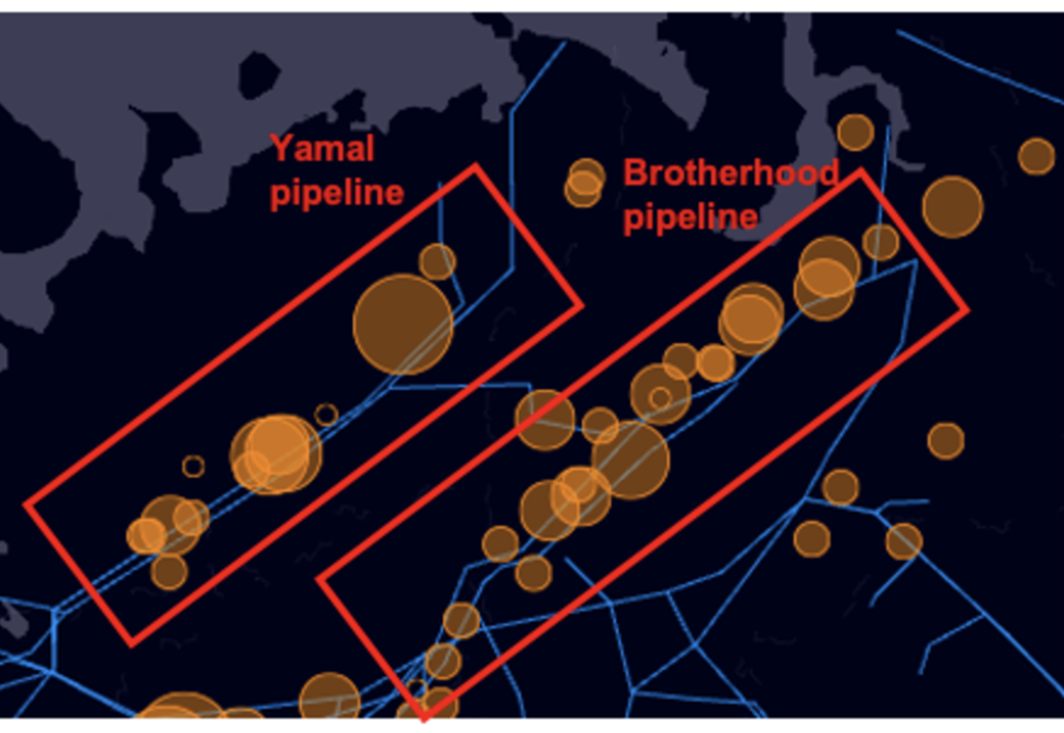 Points de rejet détectés autour des gazoducs, notamment les gazoducs Yamal-Europe et Brotherhood